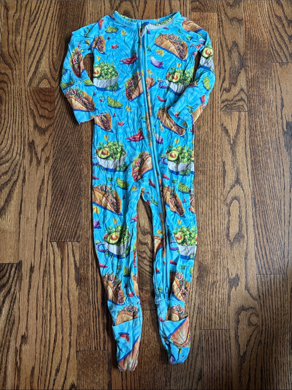 Bums&Roses blue Let’s Taco-Bout It print bamboo convertible one piece, 18-24M